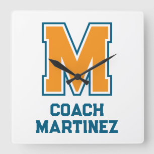 Horloge Carrée Couleurs de l'équipe Monogramme Nom