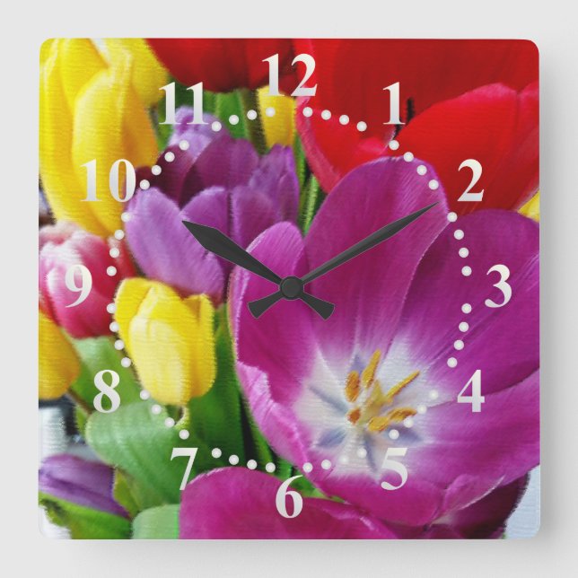 Horloge Carrée couleurs des tulipes (Recto)