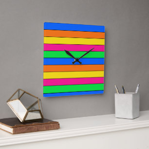 HORLOGE CARRÉE COULEURS FLUORO NEON CLAIR LIGNES ORANGE JAUNE ROS