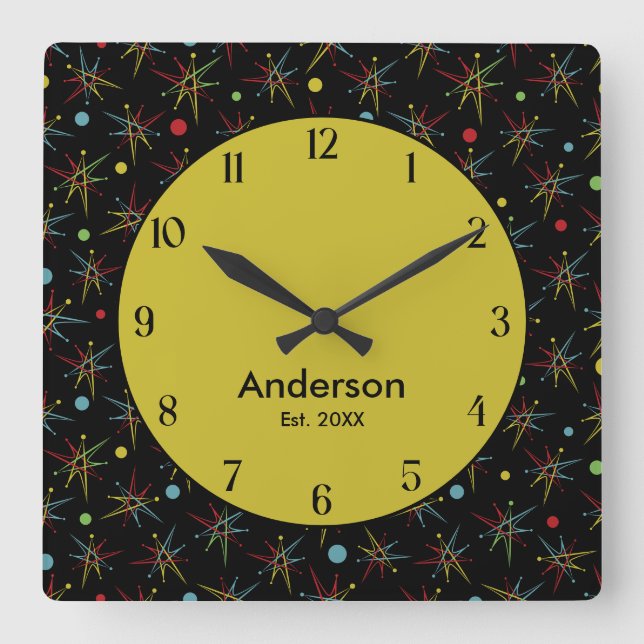 Horloge Carrée Couleurs personnalisées de point rétro atomique de (Recto)