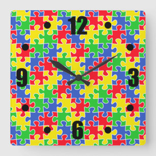 Horloge Carrée Couleurs primaires lumineuses Jigsaw Puzzle Pièces