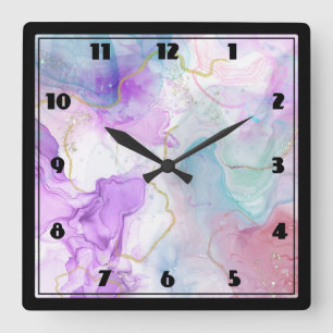 Horloge Carrée Couleurs violettes, vertes, roses, élégantes