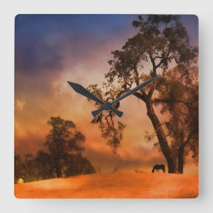 Horloge Carrée Country Clock With Horse And Sunset