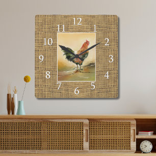 Horloge Carrée Country Farmhouse Rooster Russe Burlap Jute
