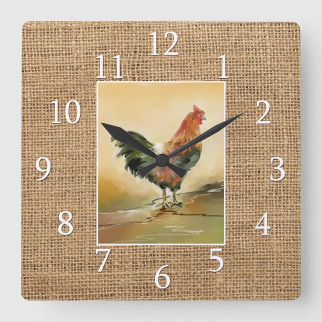 Horloge Carrée Country Kitchen Rooster Rustic Burlap Farmhouse (Recto)