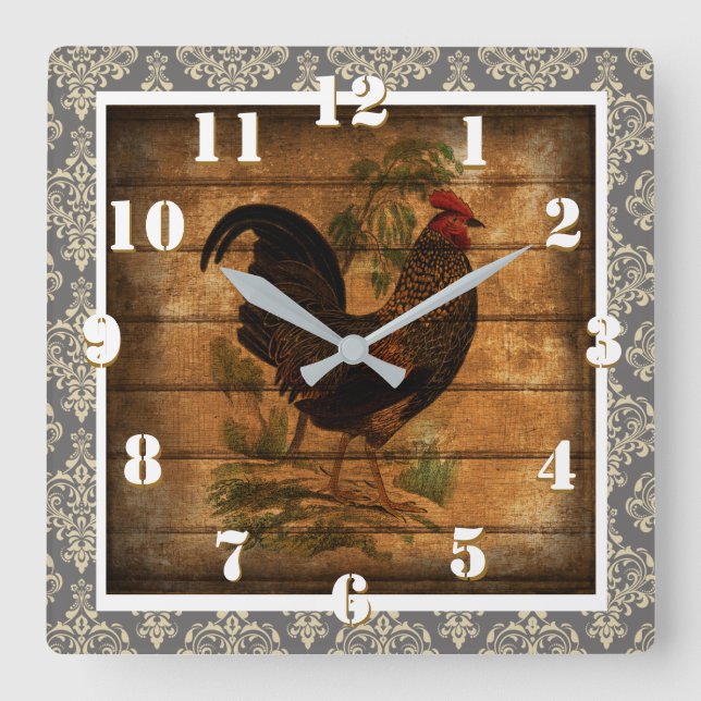 Horloge Carrée Country Rooster Ornate Rustic and Elegant Damask (Recto)