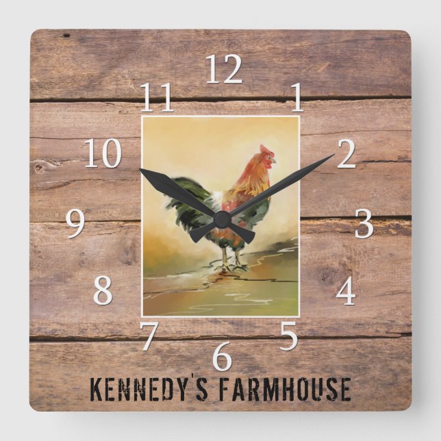 Horloge Carrée Country Rooster Rustic Wood Farmhouse Family Name (Recto)