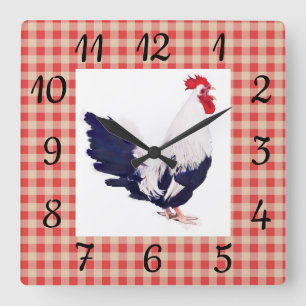 Horloge Carrée Country Wall Clock with Red Check and Rooster