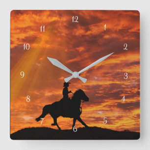 Horloge Carrée Country Western Cowboy et Horse dans le coucher du