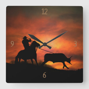 Horloge Carrée Country Western Steer Roping Long Horn Cowboy