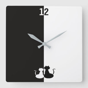Horloge Carrée Couple de chat noir et blanc simple