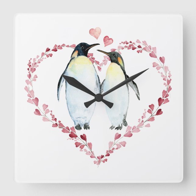 Horloge Carrée Couple de pingouin dans le coeur amoureux Wreath (Recto)