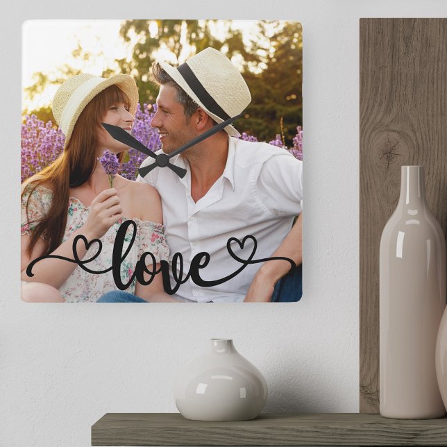 Horloge Carrée Couple Photo Love and Hearts Calligraphy (Single square photo, minimal picture clock with "love" handlettered with love hearts)