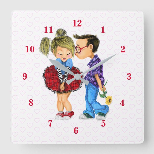 Horloge Carrée Couple romantique mignon - Coeurs d'amour - Baiser (Recto)