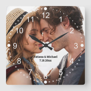 Horloge Carrée couple simple photo nombres blancs minimaux