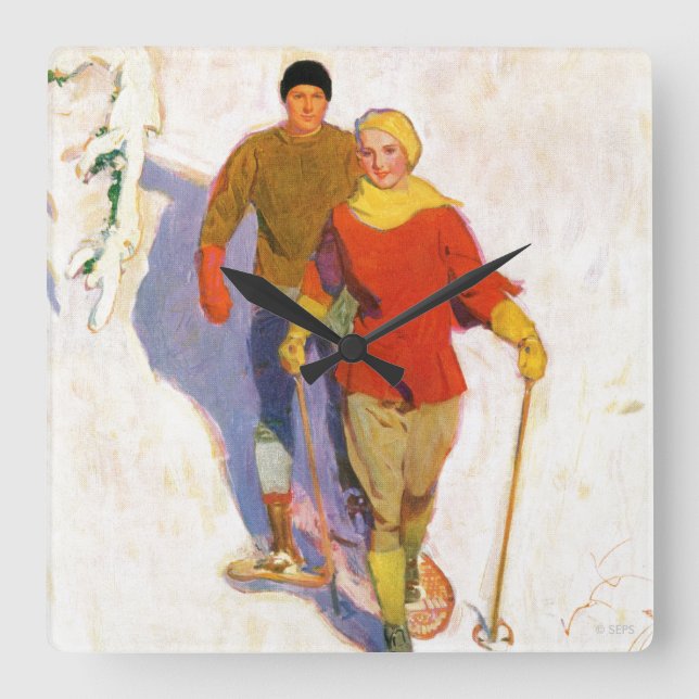 Horloge Carrée Couple Wearing Snowshoes par McClelland Barclay (Recto)