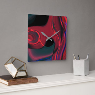 Horloge Carrée Courbes rouges avec ton acrylique et métallique su