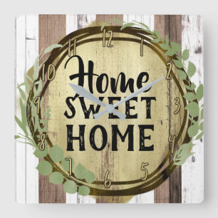 Horloge Carrée Couronne de bienvenue en bois brun et blanc rustiq