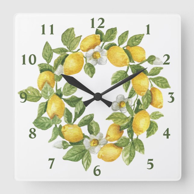 Horloge Carrée Couronne de citrons vert jaune (Recto)