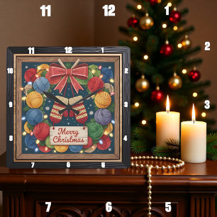Horloge Carrée Couronne de laine Tricot Joyeux Noël