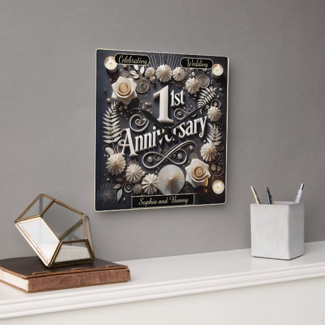 Horloge Carrée Couronne de papier élégante pour le 1er anniversai (Bureau)