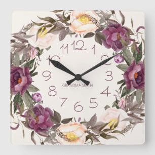 Horloge Carrée Couronne florale crème violette numéros de nom
