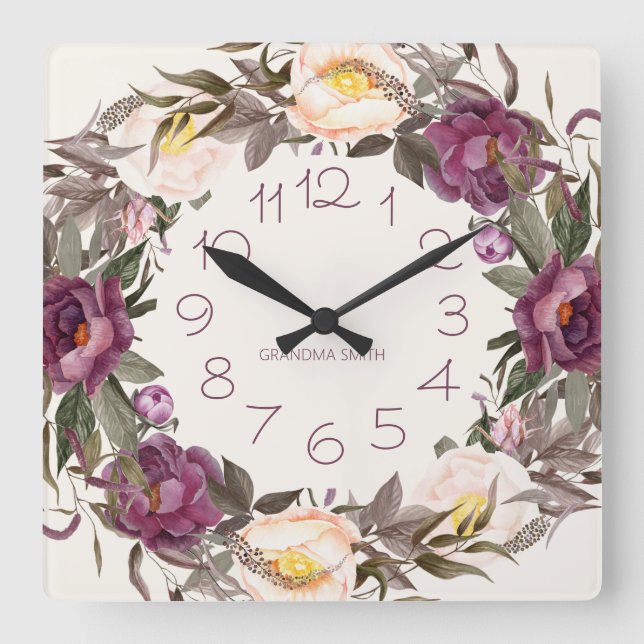 Horloge Carrée Couronne florale crème violette numéros de nom (Recto)