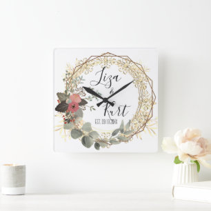 Horloge Carrée Couronne florale élégante Chic Mariage      