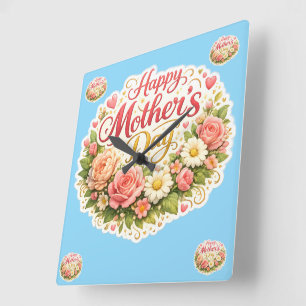 Horloge Carrée Couronne florale élégante de joyeux anniversaire m