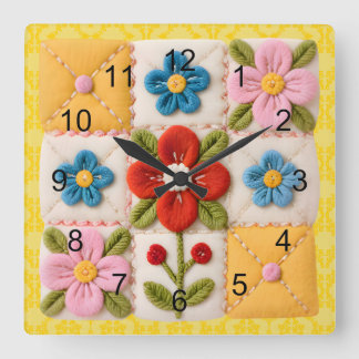 Horloge Carrée Courtepoint en patchwork de fleurs brodées