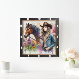 Horloge Carrée Cow-girl artistique et cheval avec florale vibrant