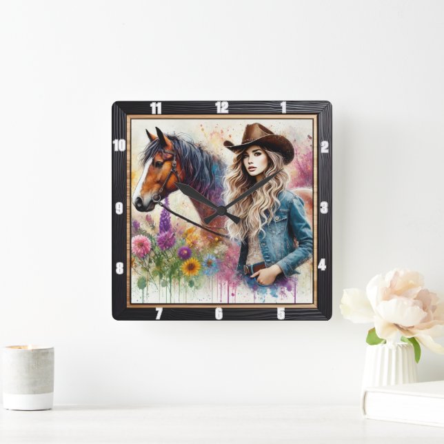 Horloge Carrée Cow-girl artistique et cheval avec florale vibrant (Maison)