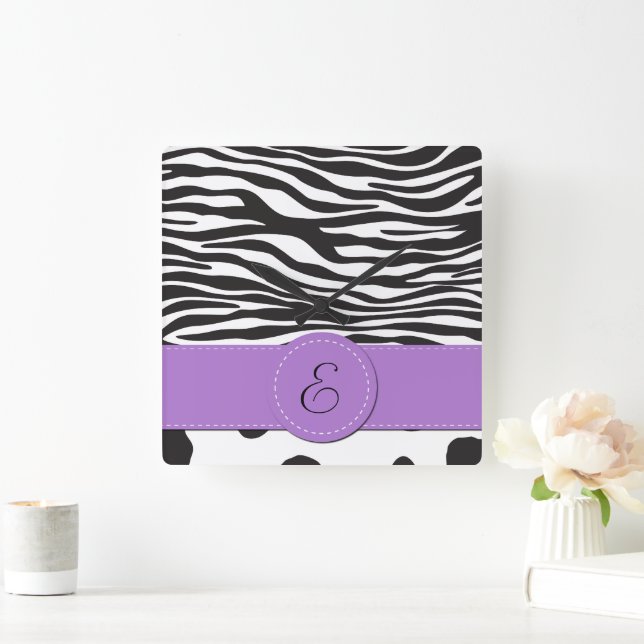 Horloge Carrée Cow Print, Cow Spots, Zebra Stripes, monogram (Maison)