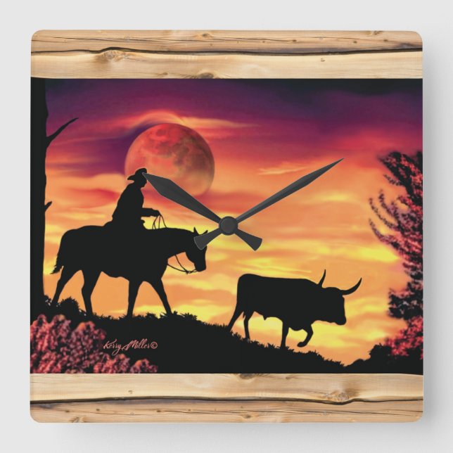 Horloge Carrée Cowboy and longhorn Steer Square Wall Clock (Recto)