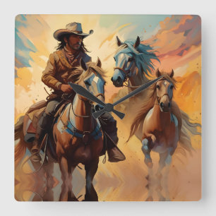 Horloge Carrée Cowboy Chevaux Occidentaux bleu Tan Collage