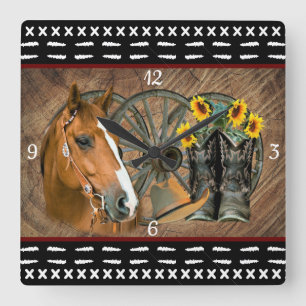 Horloge Carrée Cowboy de Western Horse Cowboy Cowboy Hat Wagon Wh