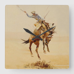 Horloge Carrée Cowboy sur un cheval qui rue #2 par Edward Borein
