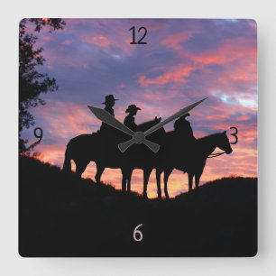 Horloge Carrée Cowboys Horses and Sunset