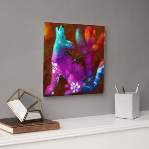 Horloge Carrée Coyote Art Abstrait Saguaro Cactus Désert Brown