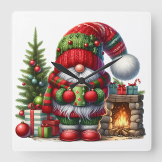 Horloge Carrée Cozy Christmas Gnome Art – Festive Holiday