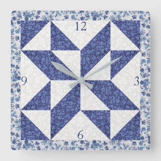 Horloge Carrée Cozy Country Blue White Calico Faux Quilt Square 
