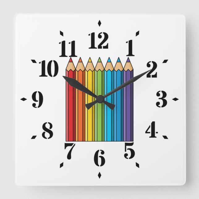Horloge Carrée Crayons de couleur arc-en-ciel (Recto)