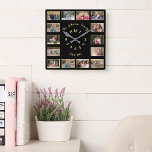 Horloge Carrée Create Custom Personalized Family Photo Collage<br><div class="desc">Create your own custom, personalized, faux gold and black, elegant faux gold typography font script, family 14 photo collage keepsake square wall clock. To customize, simply type in your family name & year, and add fourteen of your favorite family / kids / baby / pets / couple / wedding photos....</div>