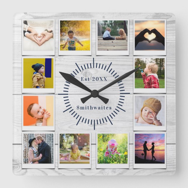 Horloge Carrée Create You own Photo Collage Rustic Farmhouse Gray (Recto)
