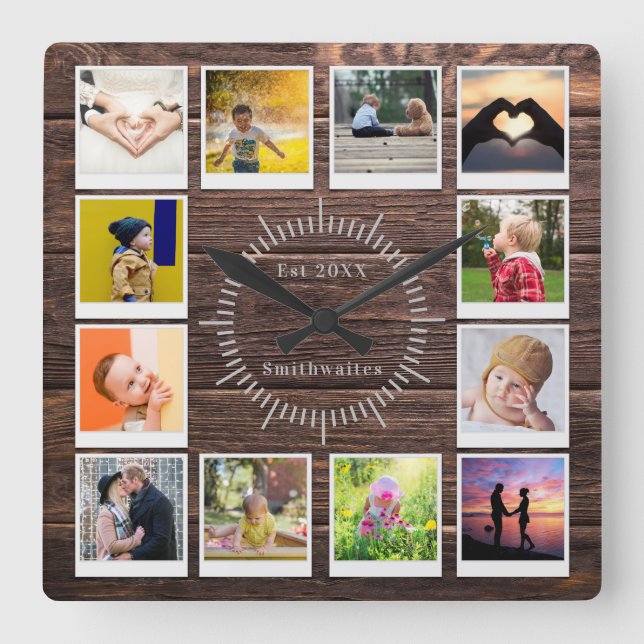 Horloge Carrée Create You own Photo Collage Rustic Wood Farmhouse (Recto)