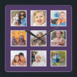 Horloge Carrée Create Your Custom Photo Collage<br><div class="desc">Create your own personalized 9 photo Instagram photo collage wall clock with your custom images on modern eggplant purple background. Add your favorite photos, designs or artworks to create something really unique. To edit this design template, simply upload your own image as shown above. Treat yourself or make the perfect...</div>