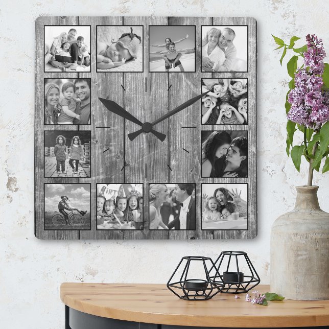 Horloge Carrée Create Your Custom Photo Collage Rustic Farmhouse (Créateur téléchargé)