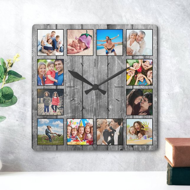 Horloge Carrée Create Your Custom Photo Collage Rustic Farmhouse (Créateur téléchargé)