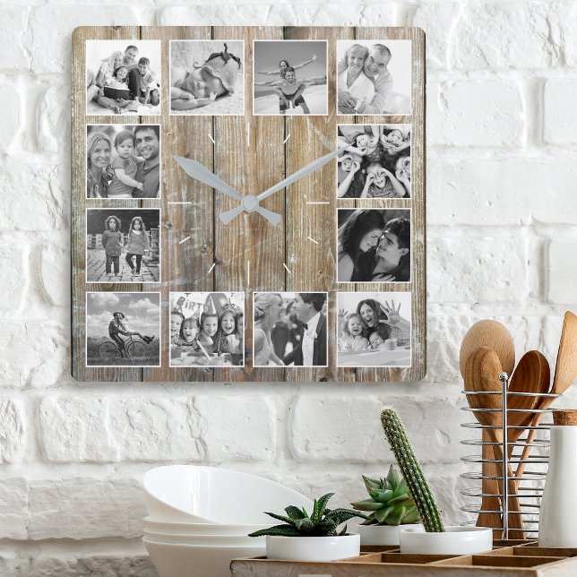 Horloge Carrée Create Your Custom Photo Collage Rustic Farmhouse (Créateur téléchargé)