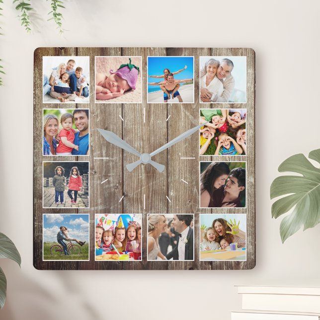 Horloge Carrée Create Your Custom Photo Collage Rustic Farmhouse (Créateur téléchargé)